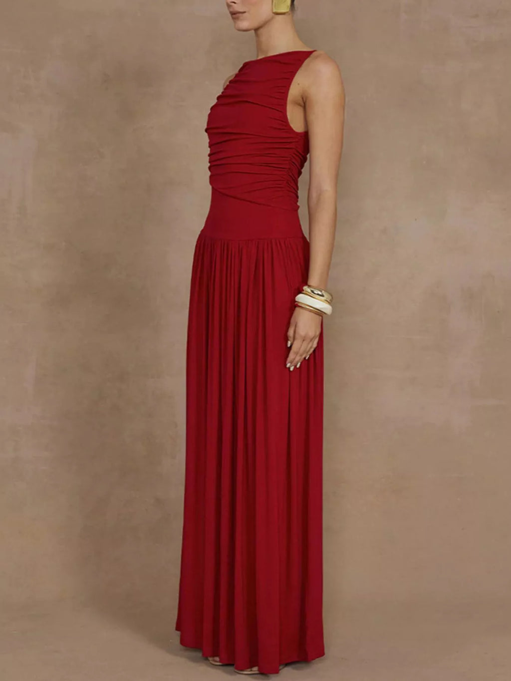 Ruched fabric detail on maxi dress