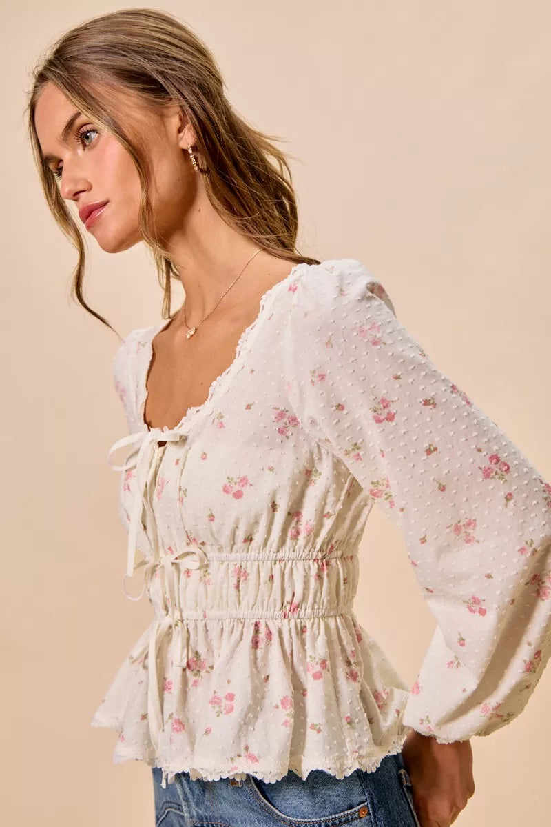 Ruched blouse back and shoulder view on model