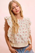 Floral print ruffle sleeve top in red floral, front view