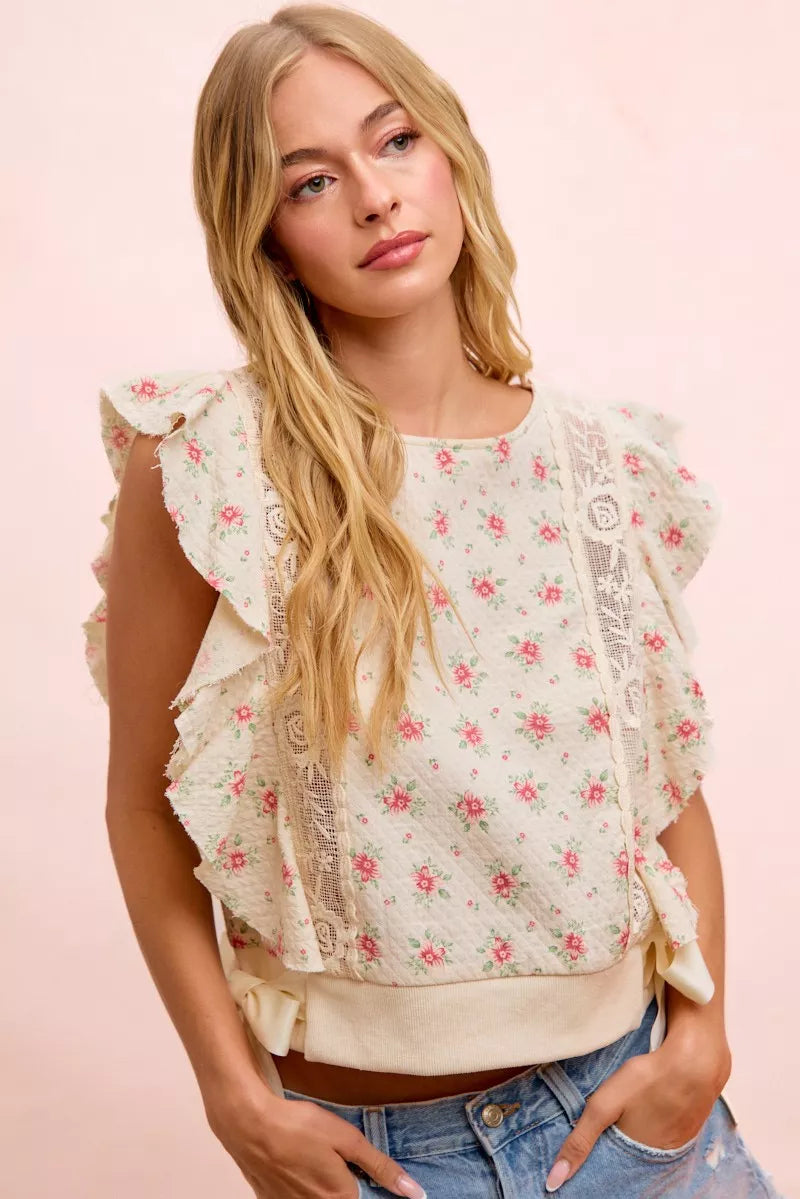 Floral print ruffle sleeve top in red floral, front view