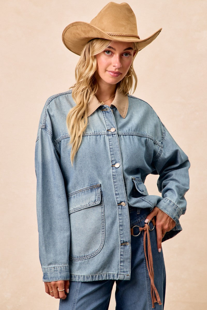 Vintage washed denim jacket - side view styled with jeans