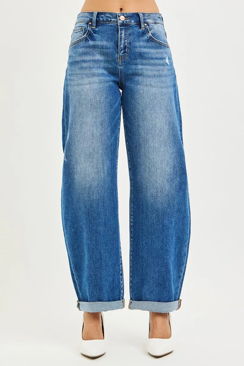 Barrel leg jeans side view