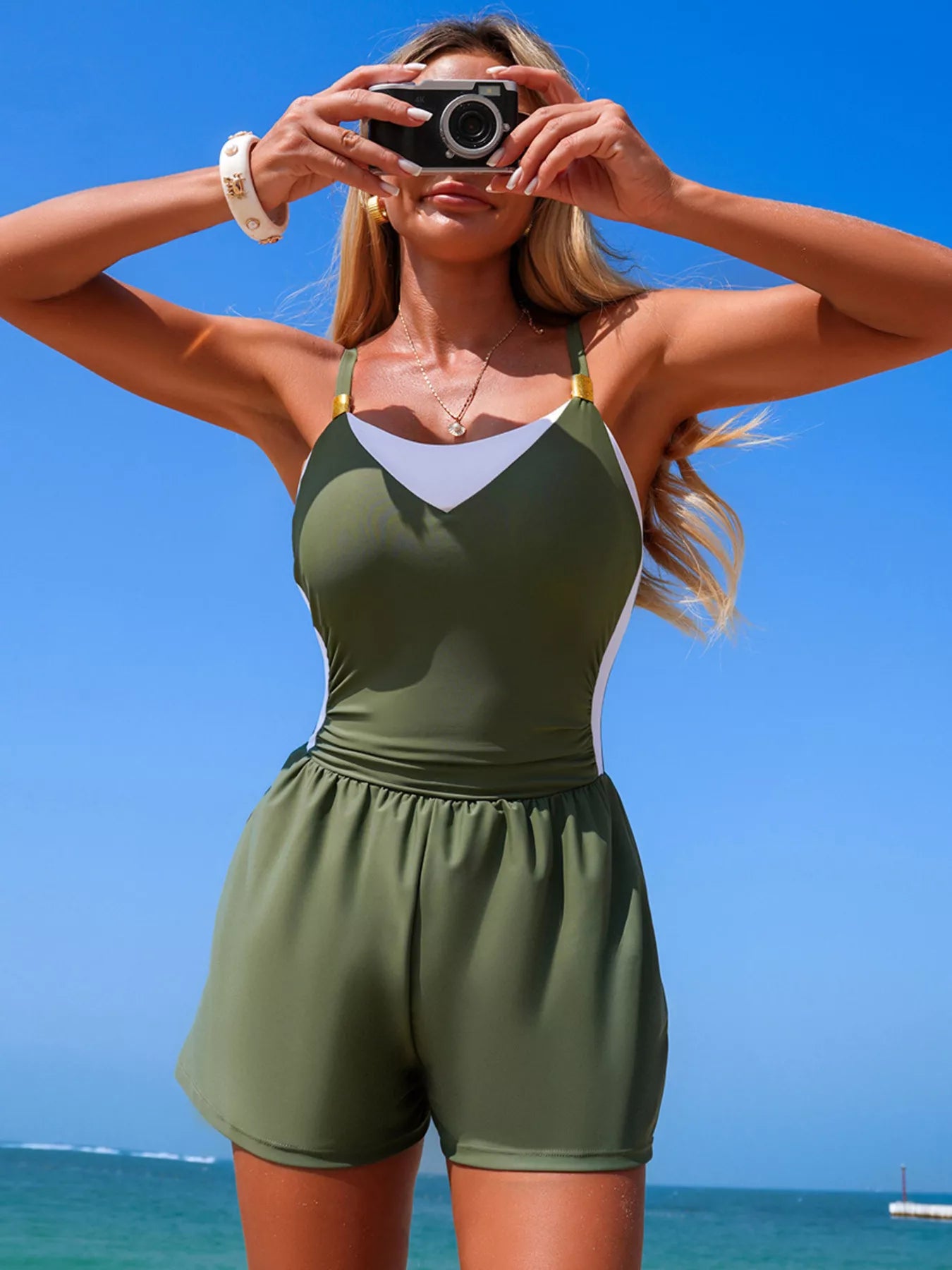 Army green color block swimsuit side view