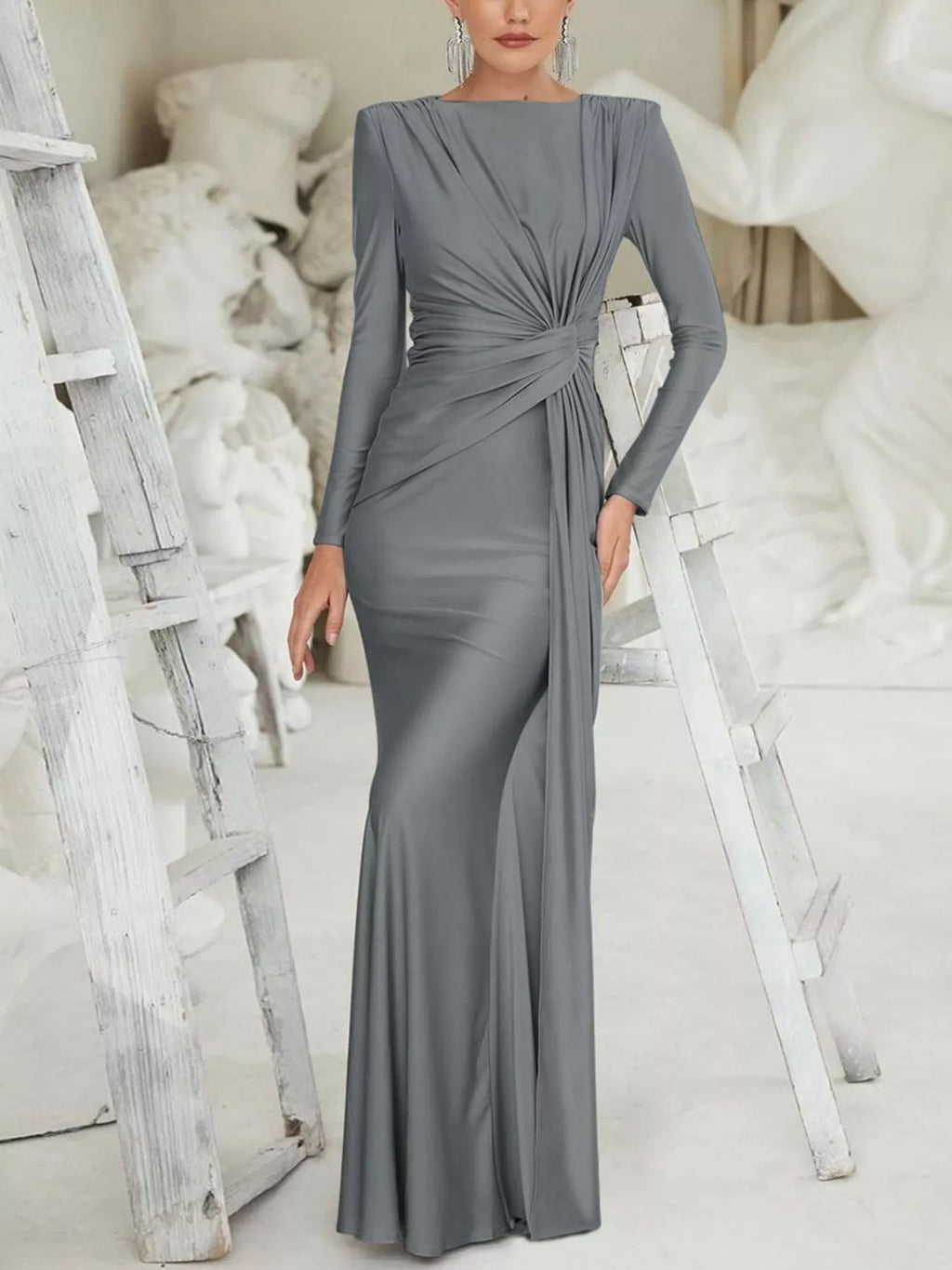 Twisted long sleeve maxi dress styled with heels