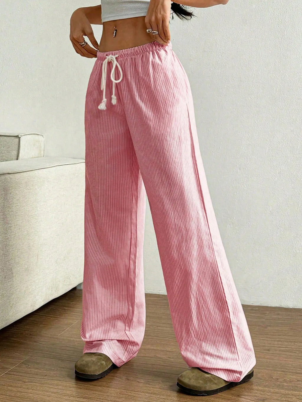 Womens striped wide leg pants detail view