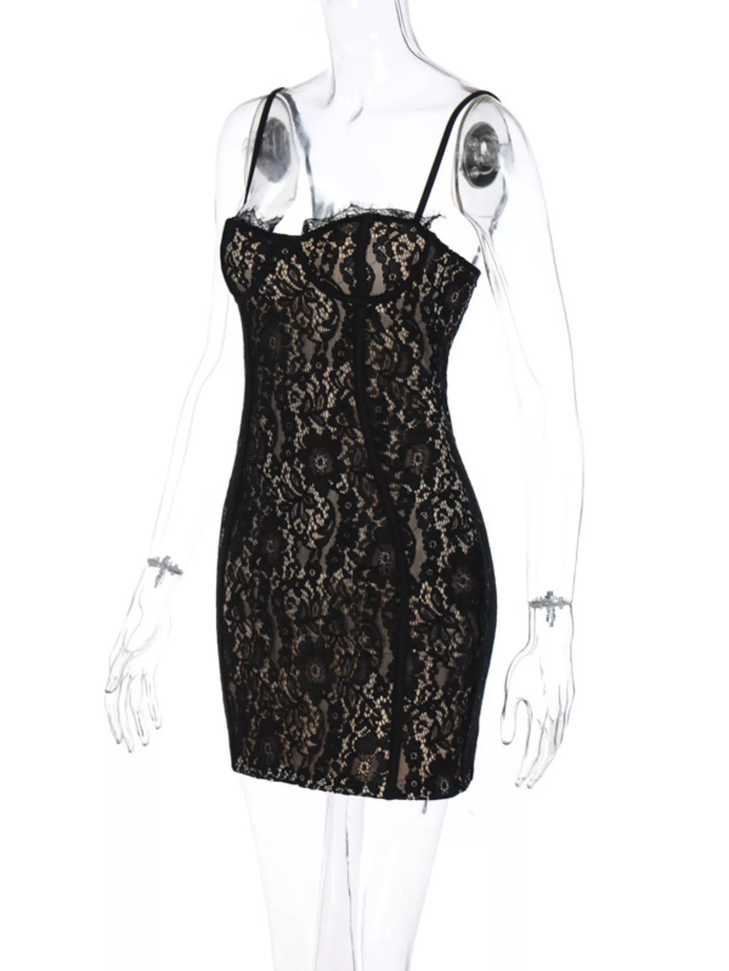 Cream lace spaghetti strap dress side view