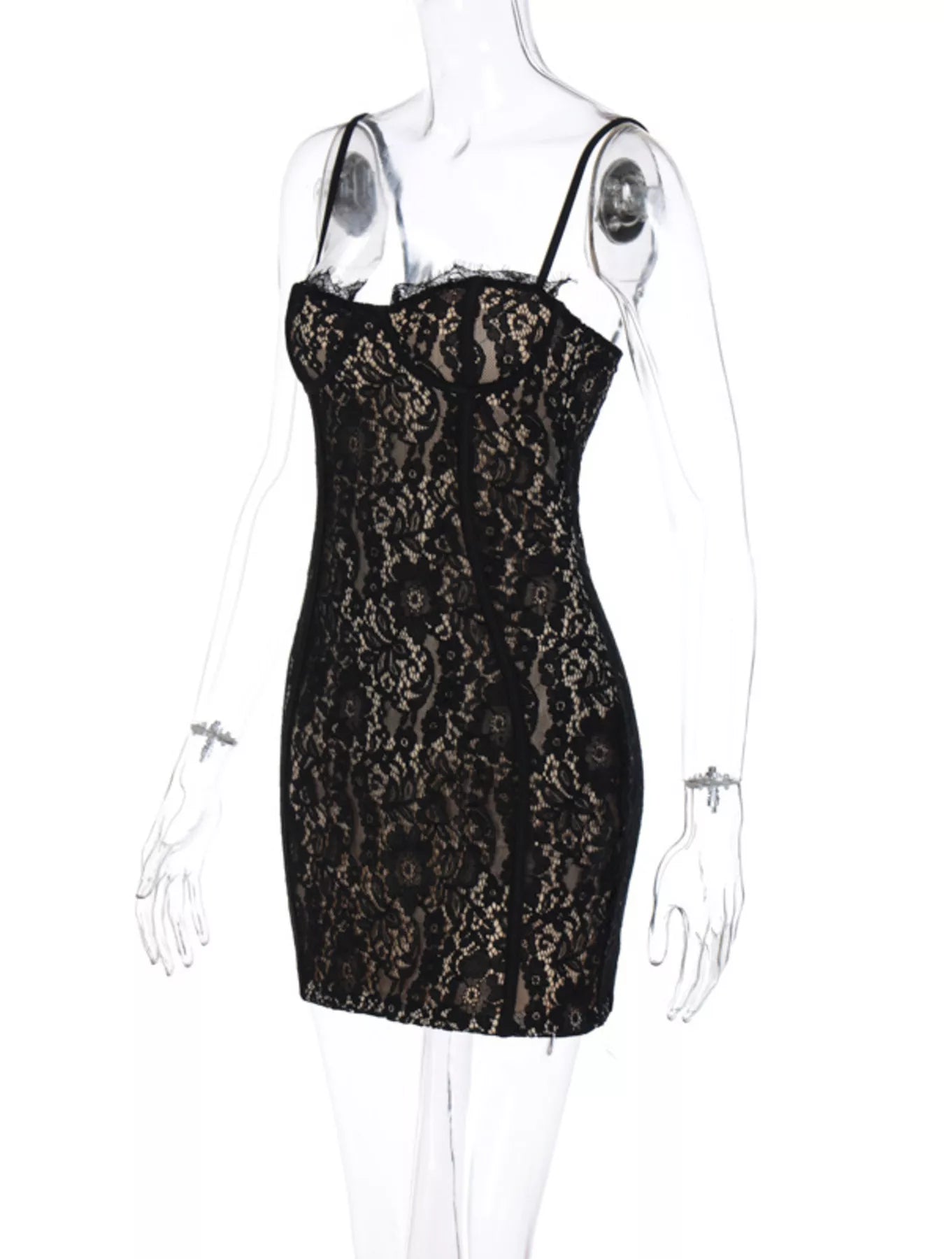 Cream lace spaghetti strap dress side view
