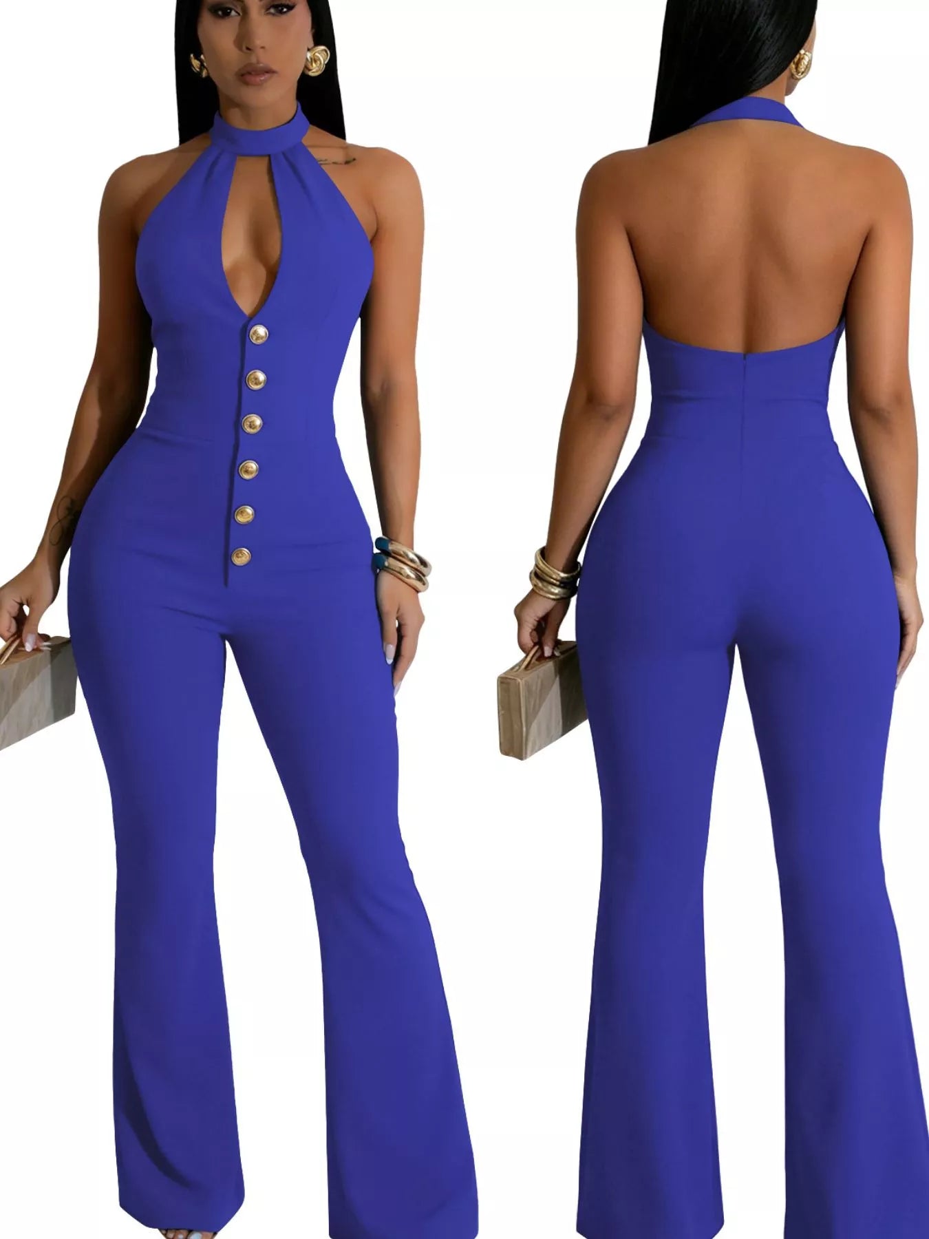 Blue halter neck jumpsuit detail of button front