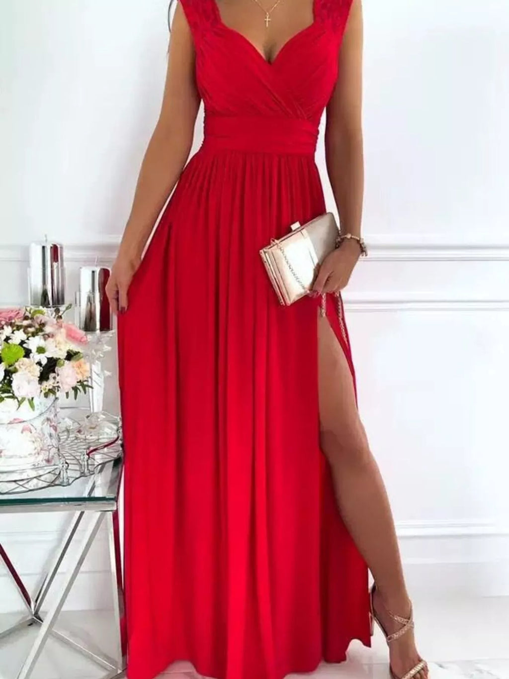 Lace maxi dress standing pose view
