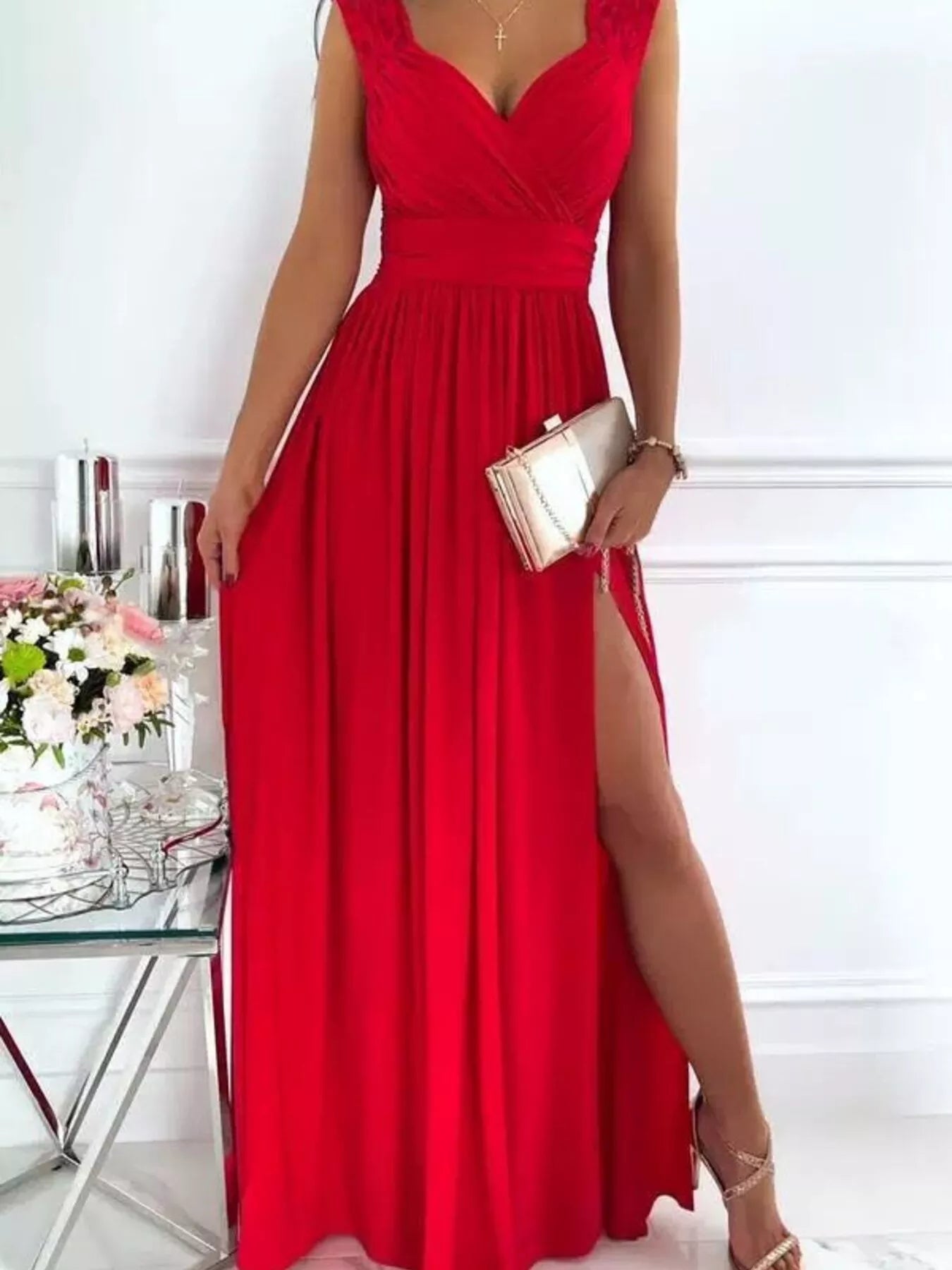 Lace maxi dress standing pose view