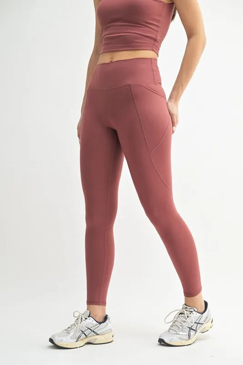 Red pear sculpt leggings side view showing high waist fit