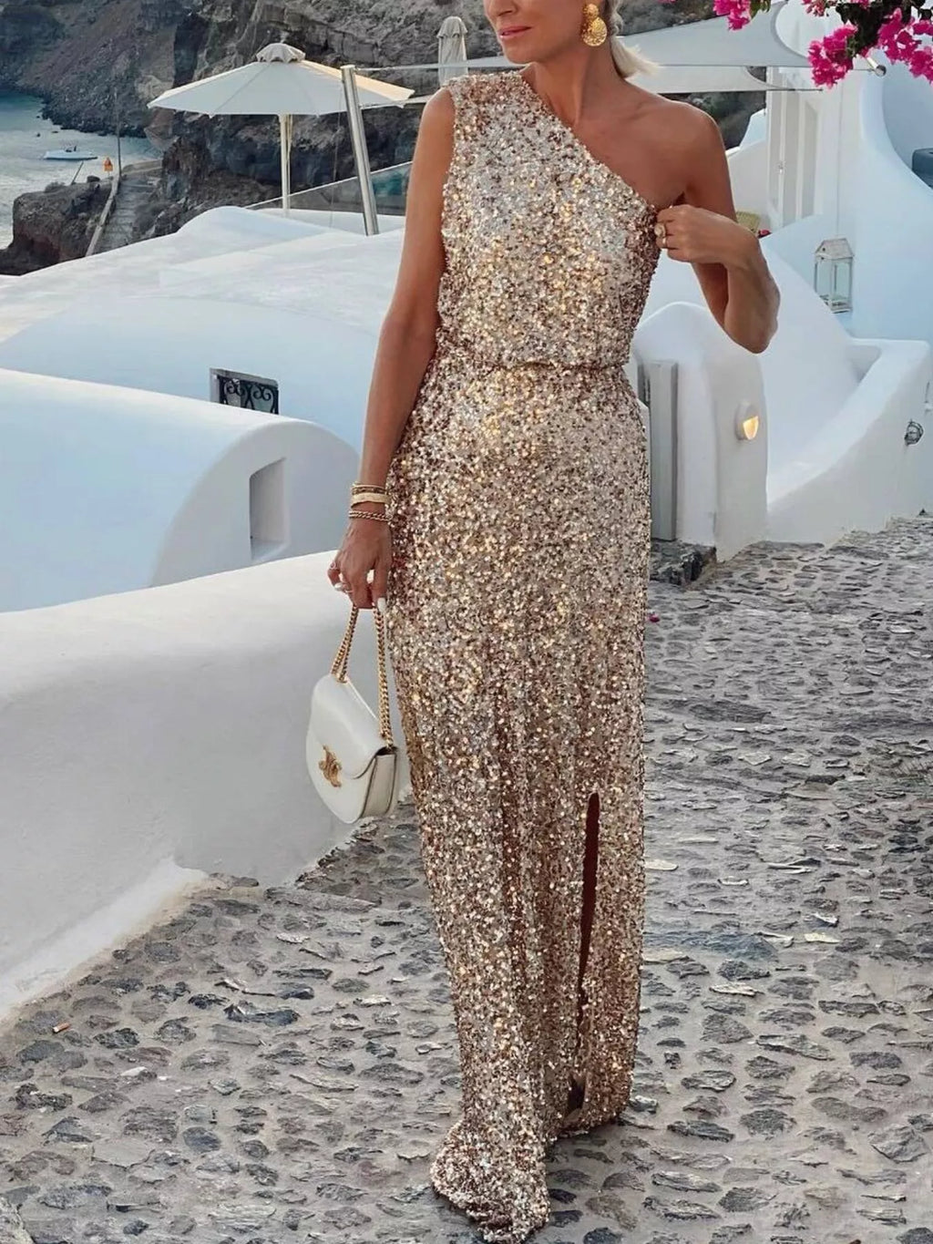 Model wearing beige sequin maxi dress full length