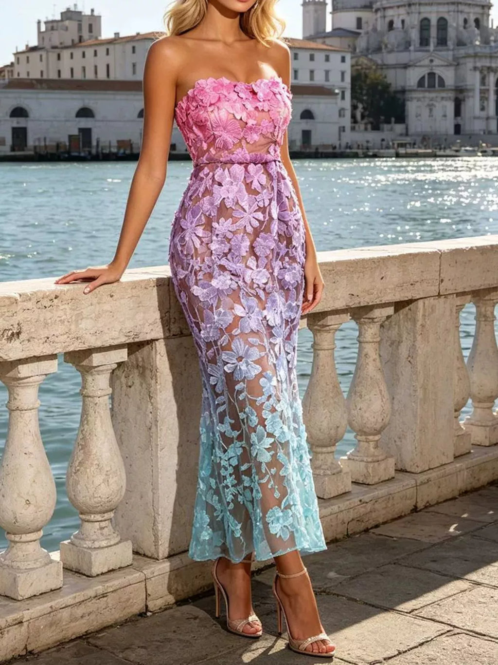 Floral embroidered tube maxi dress in gradient color front view