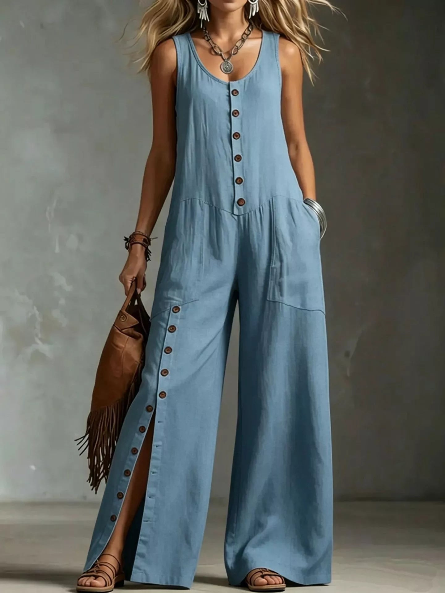 Blue sleeveless button front wide leg jumpsuit front view