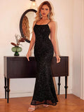 Black sequin square neck maxi cami dress front view