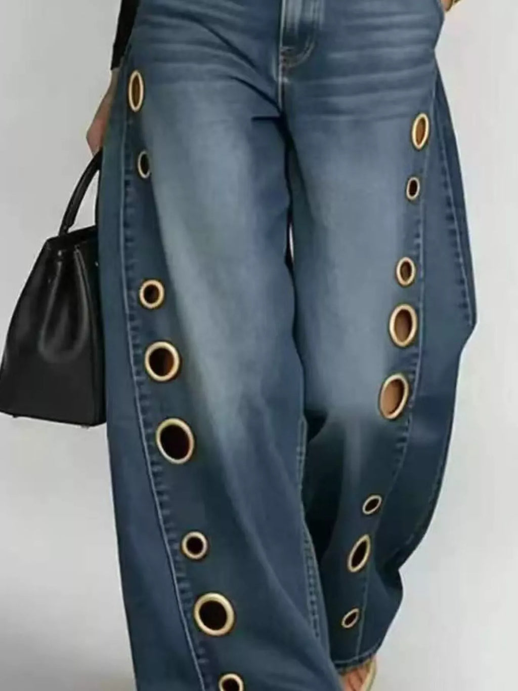 Eyelet wide leg jeans fabric detail