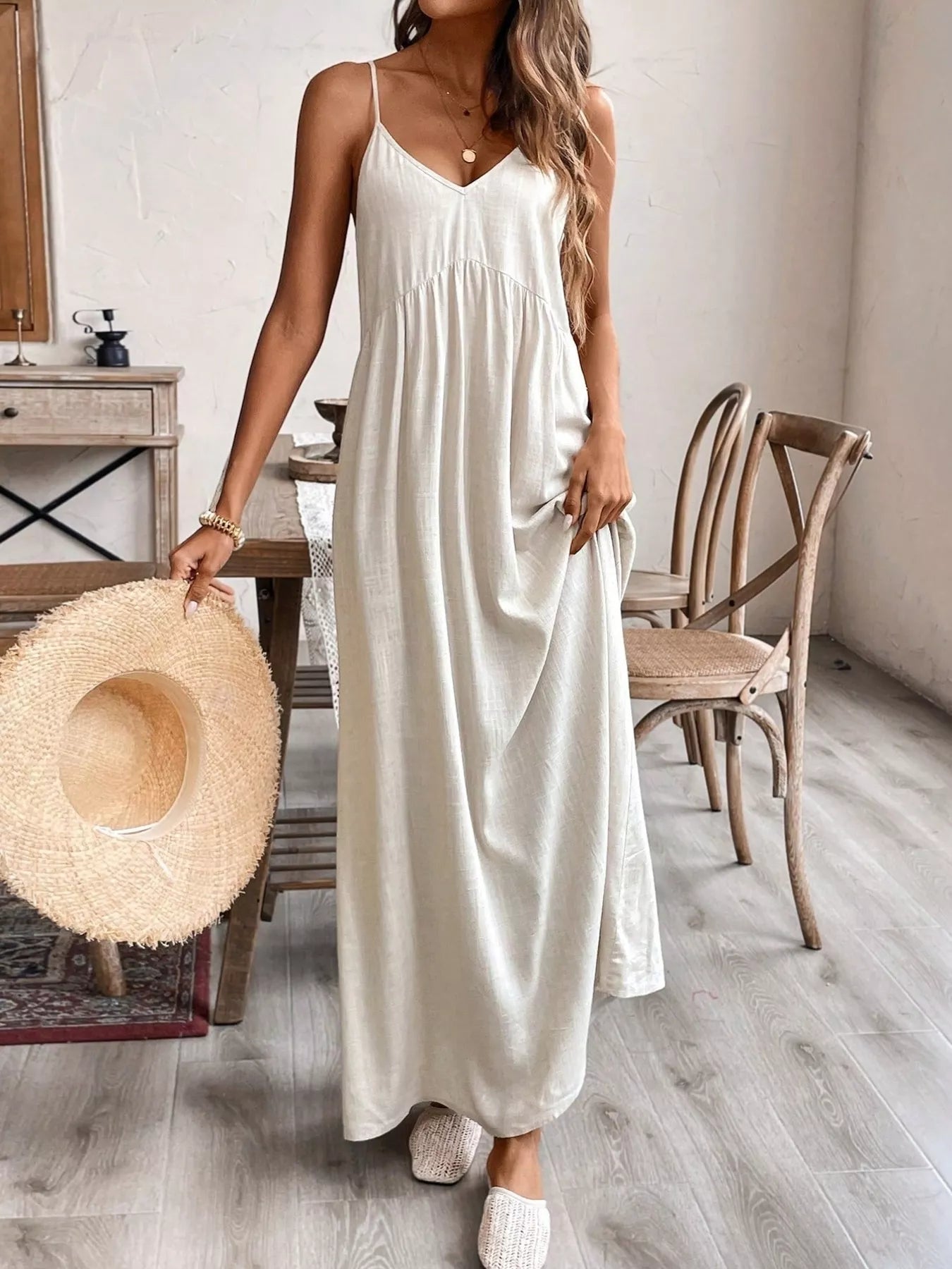 Casual spaghetti strap maxi dress in apricot front view