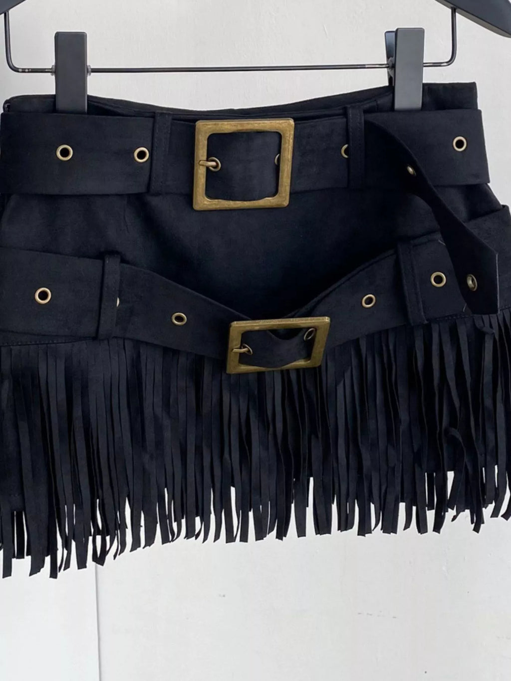 Belted tassel mini skirt full length view