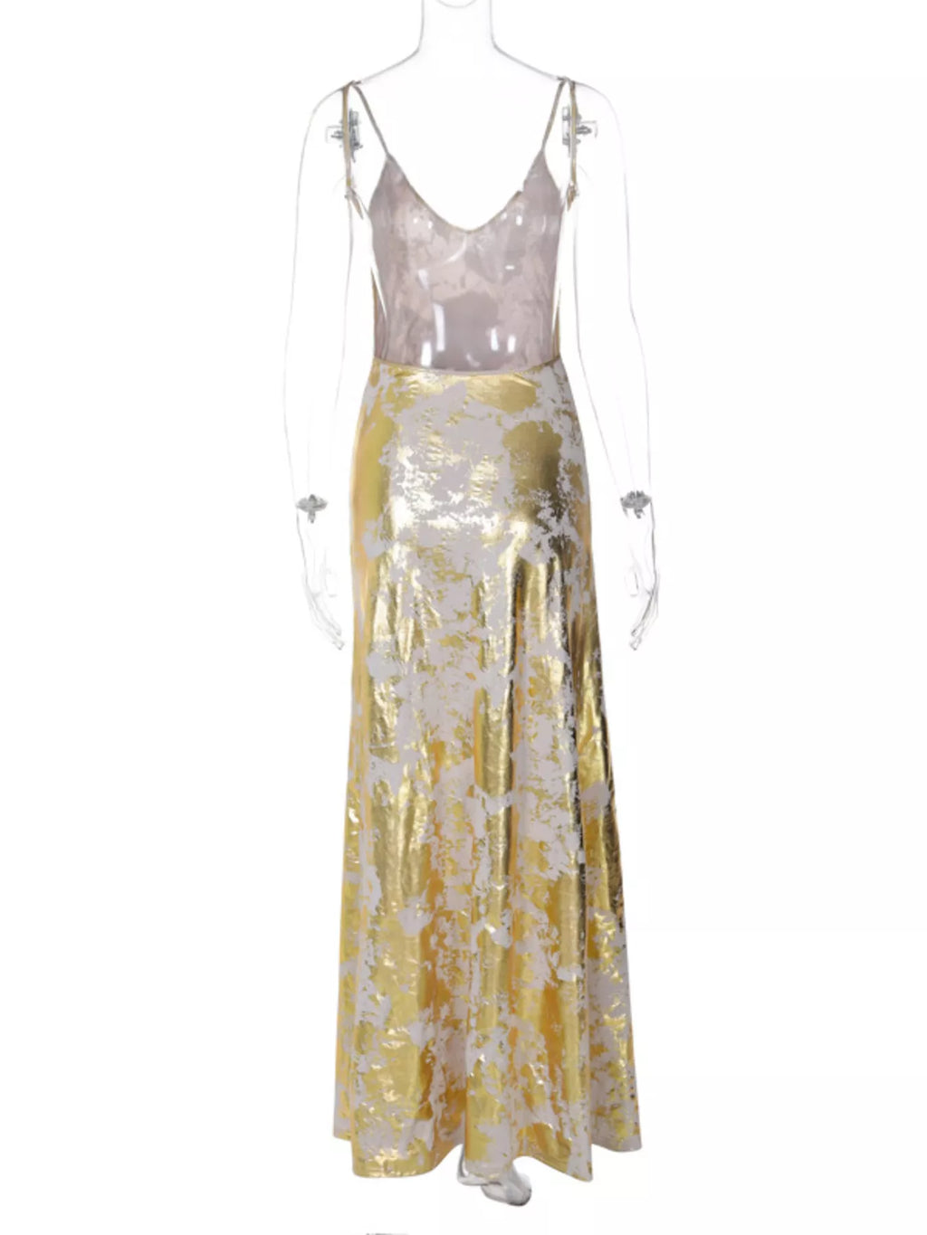 Gold backless maxi dress back view on model