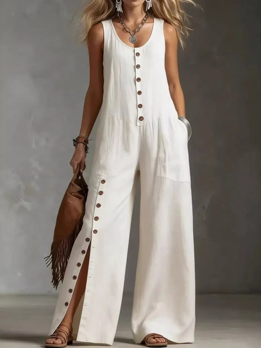 White sleeveless button front wide leg jumpsuit front view