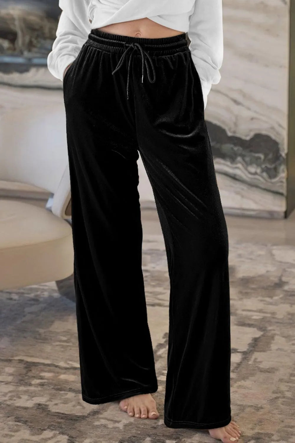 Drawstring waist wide leg active pants front view in black