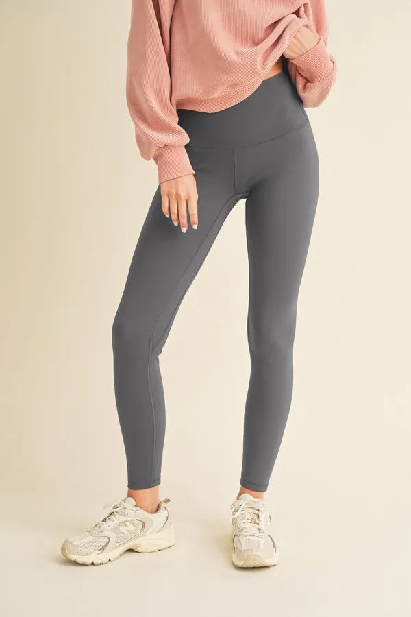 Fleece lined high waisted leggings front view in gray