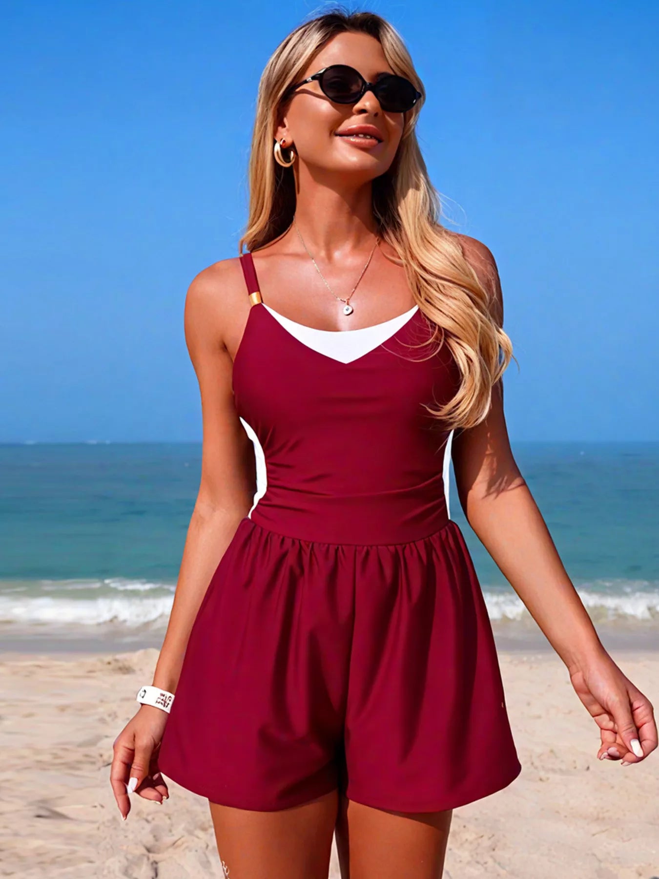 Wine red color block swimsuit model styled look