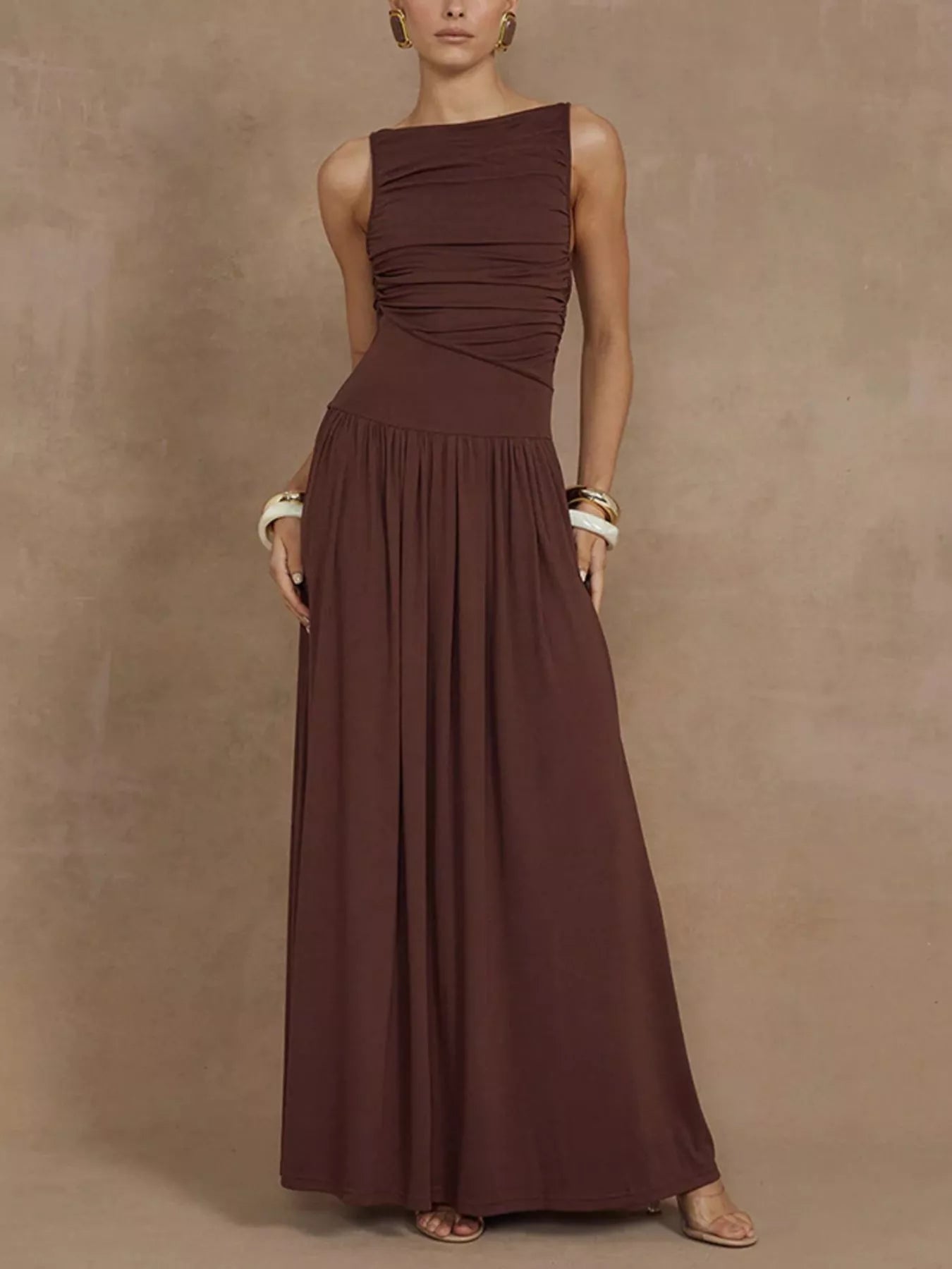 Ruched sleeveless maxi dress front view