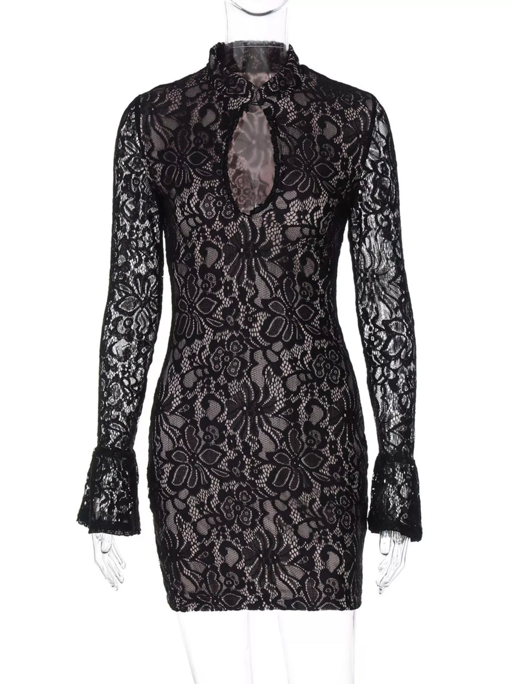 Black lace cutout long sleeve mini dress front view