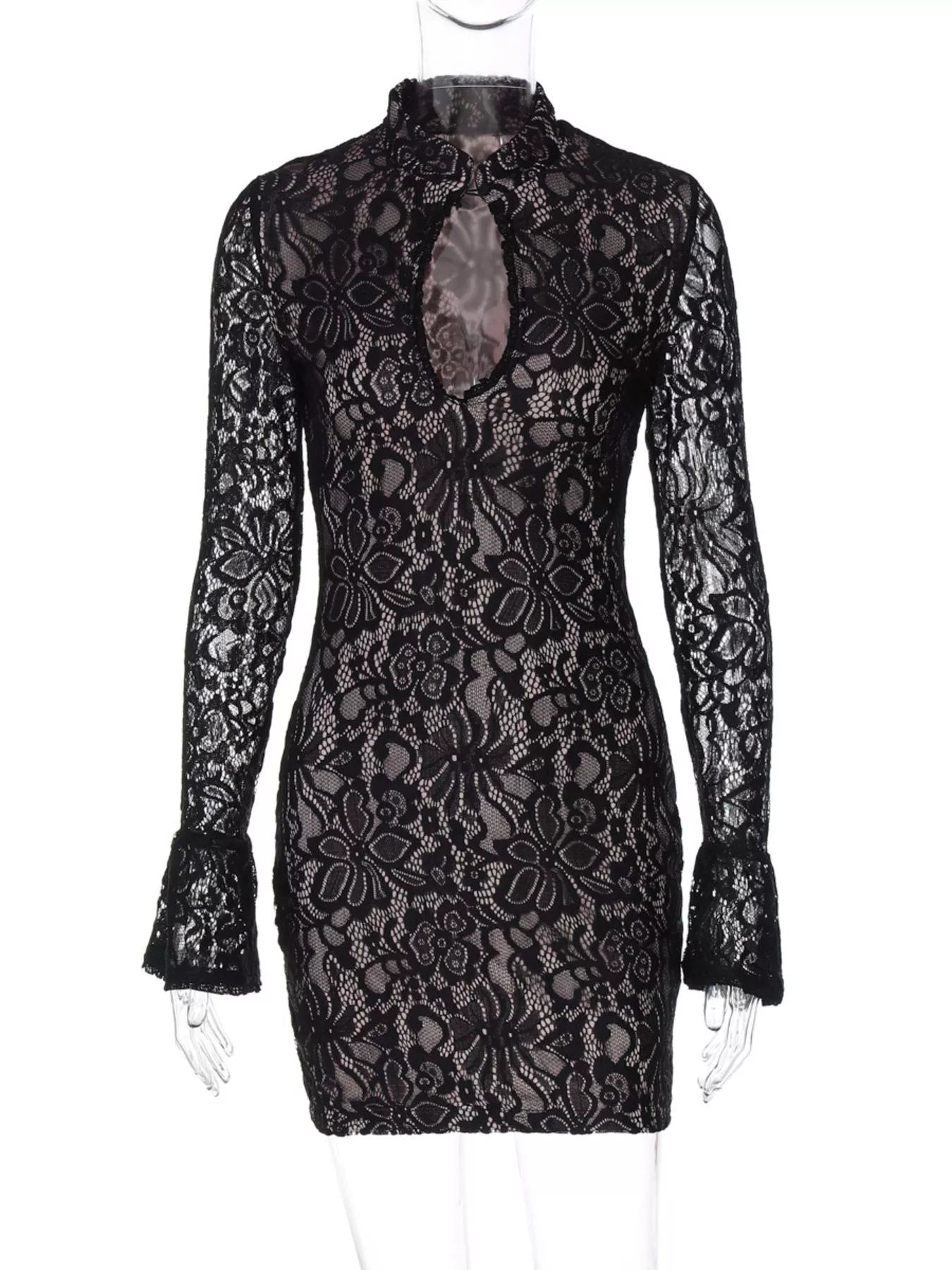Black lace cutout long sleeve mini dress front view