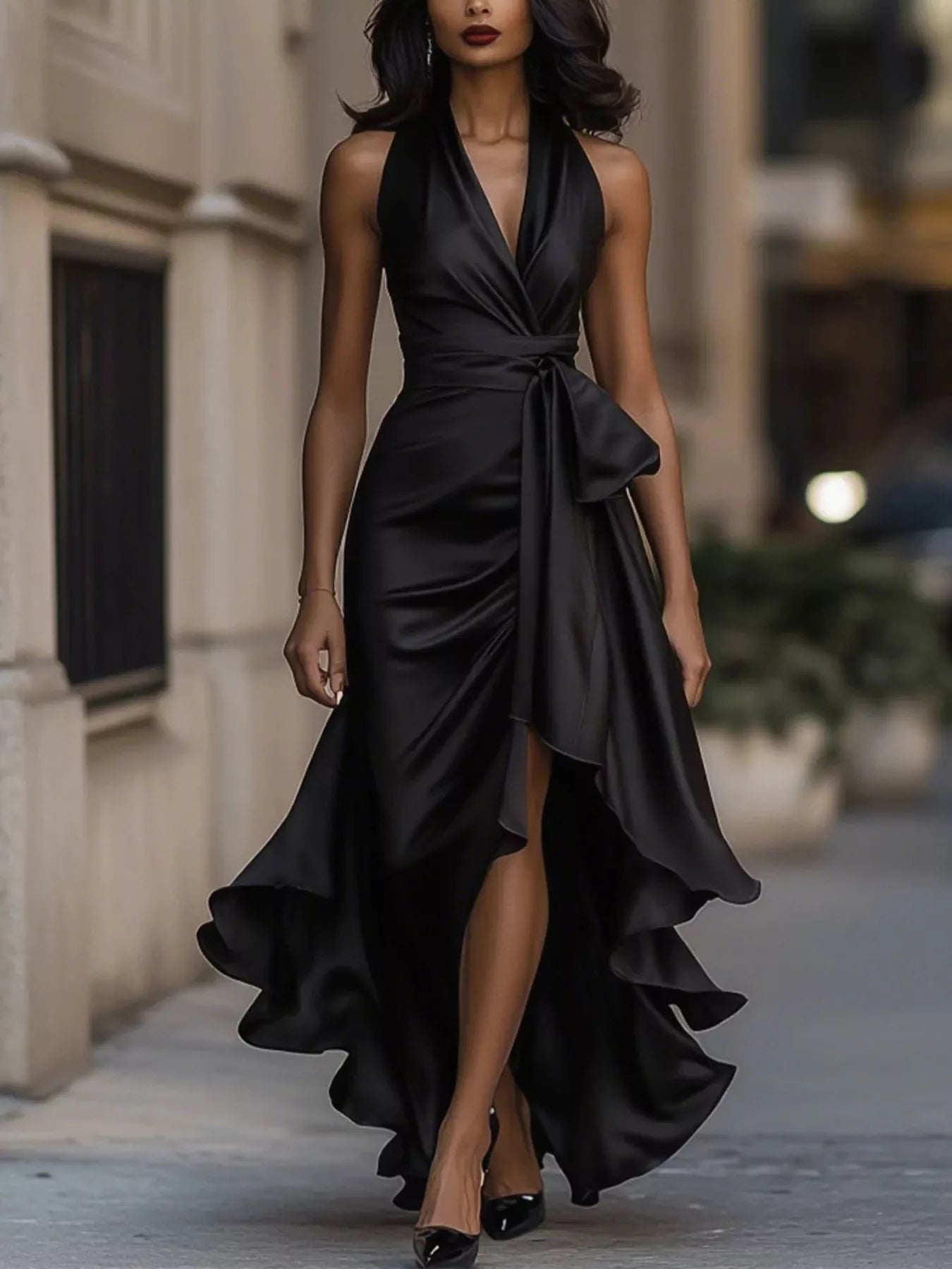 Belted maxi dress side profile view