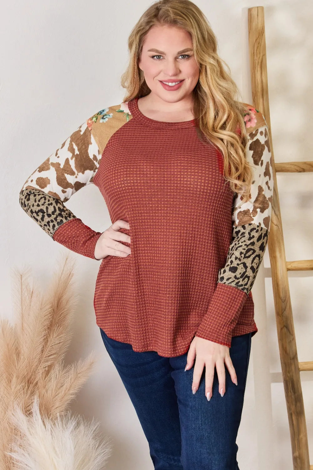 Leopard waffle knit blouse front view