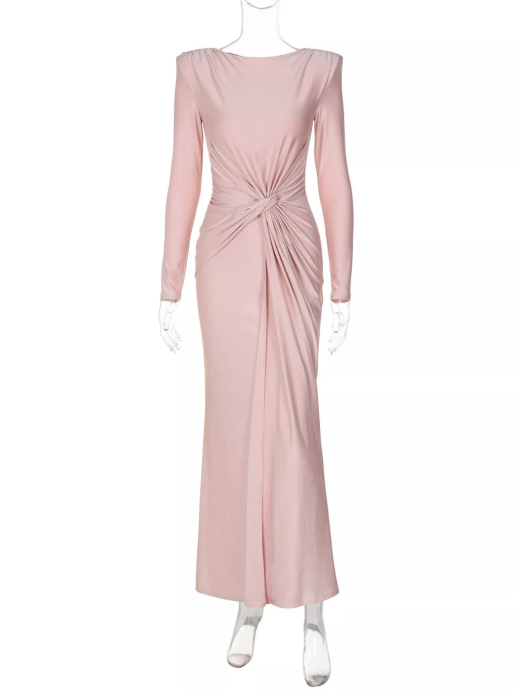 Gray twisted long sleeve maxi dress side view