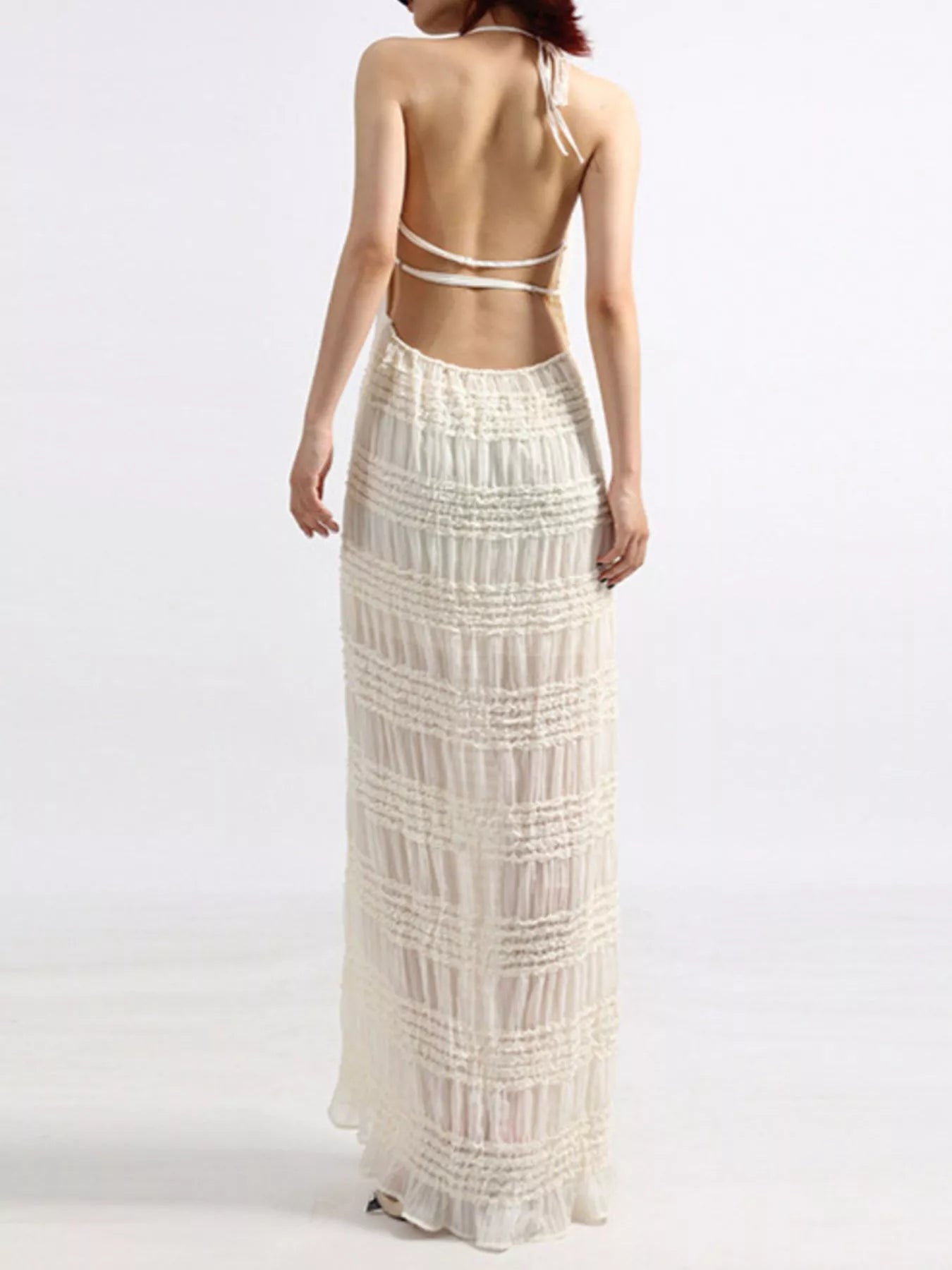 White halter maxi dress full length on model