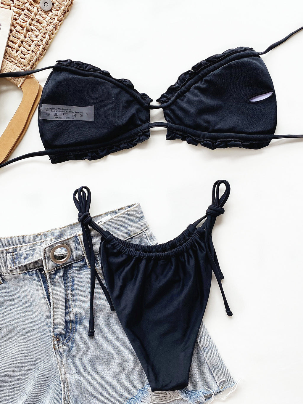 Frill trim two piece swimsuit styled poolside