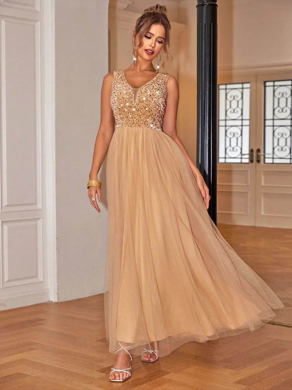 Sequin v neck sleeveless maxi dress in tan front view