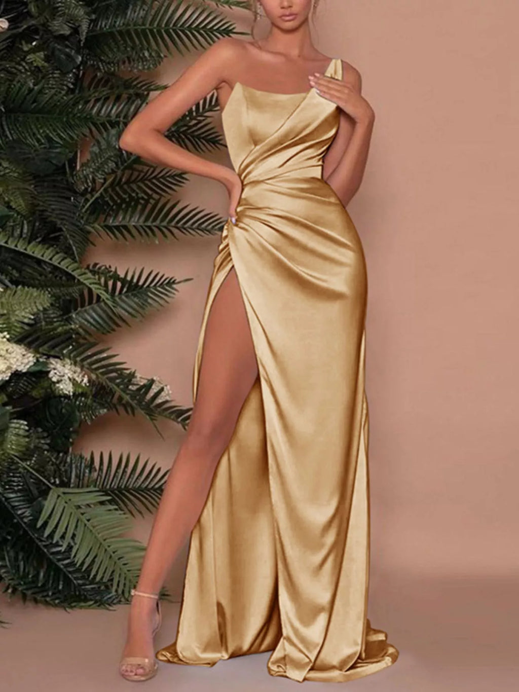 One shoulder satin maxi dress front view