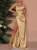 One shoulder satin maxi dress front view