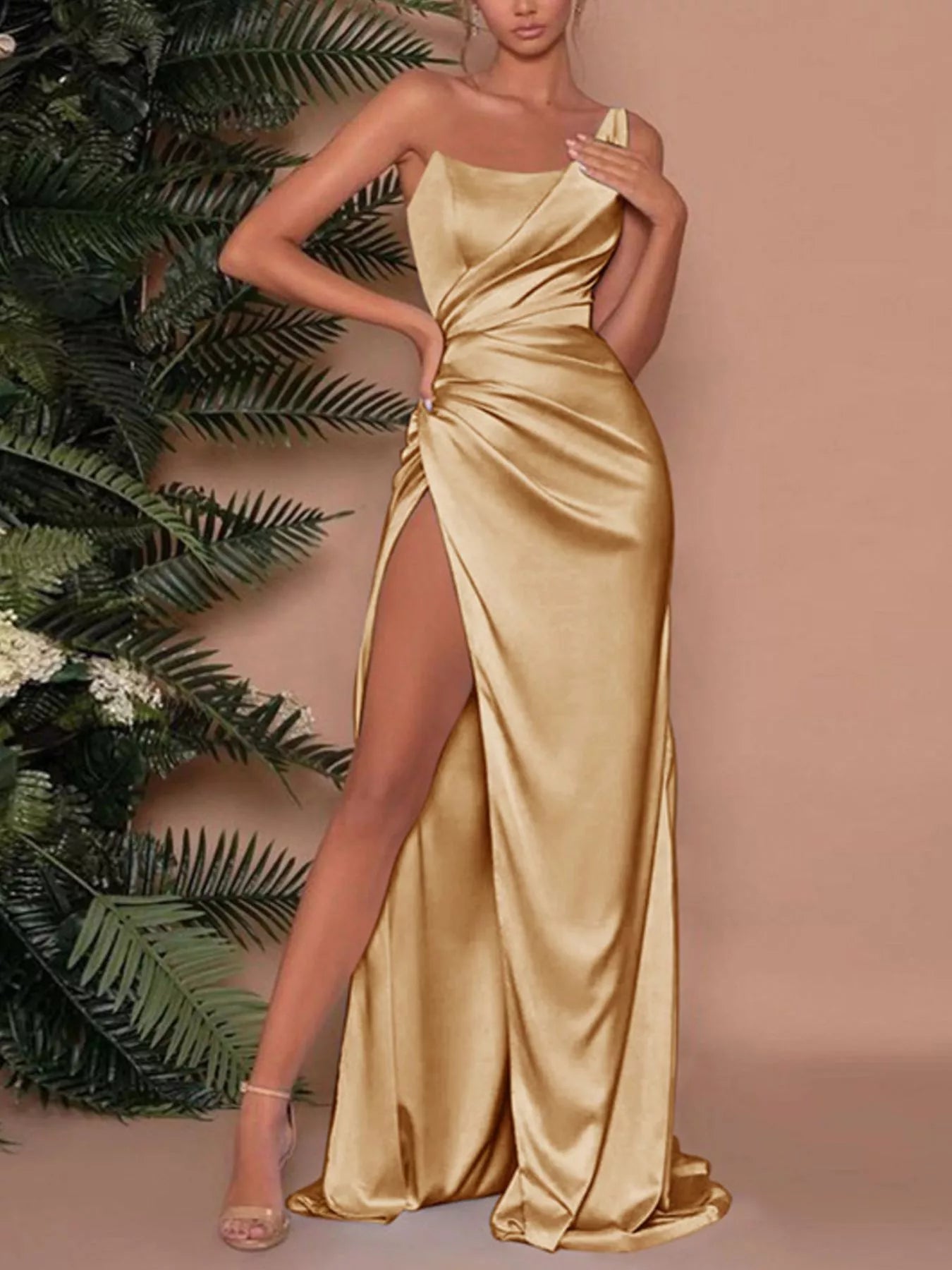 One shoulder satin maxi dress front view