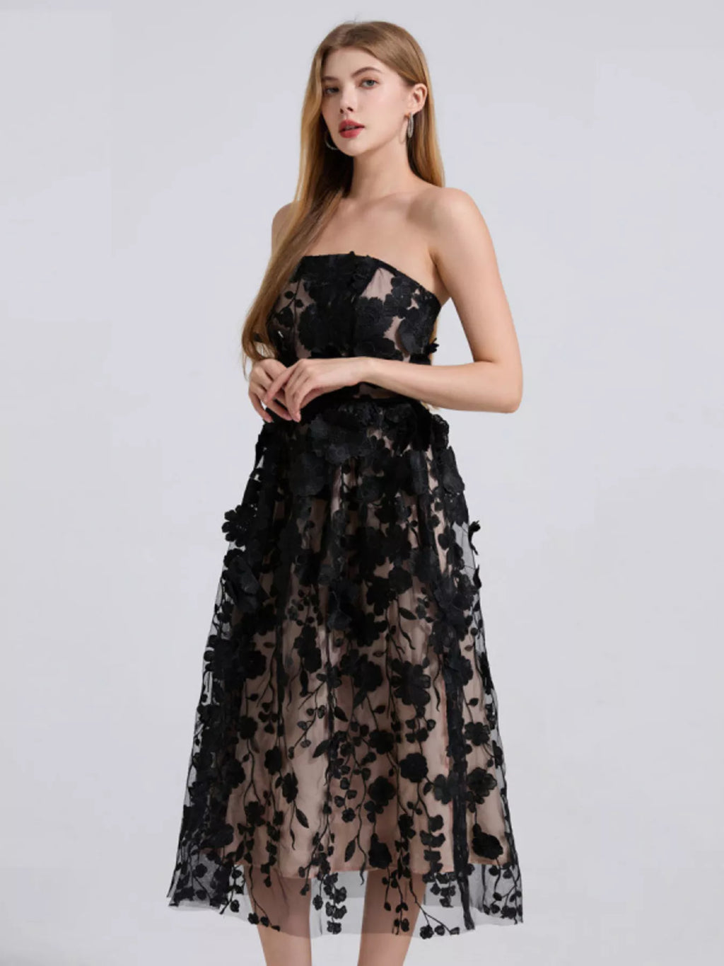 Strapless midi dress side view showing floral applique