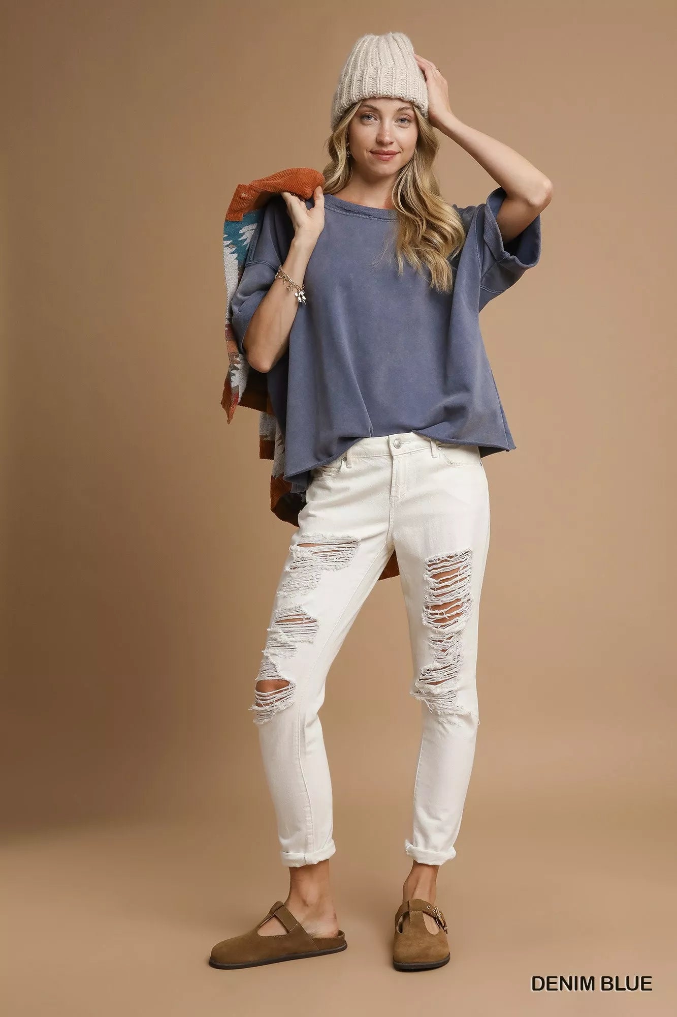 Mineral wash top rolled sleeve cuff detail