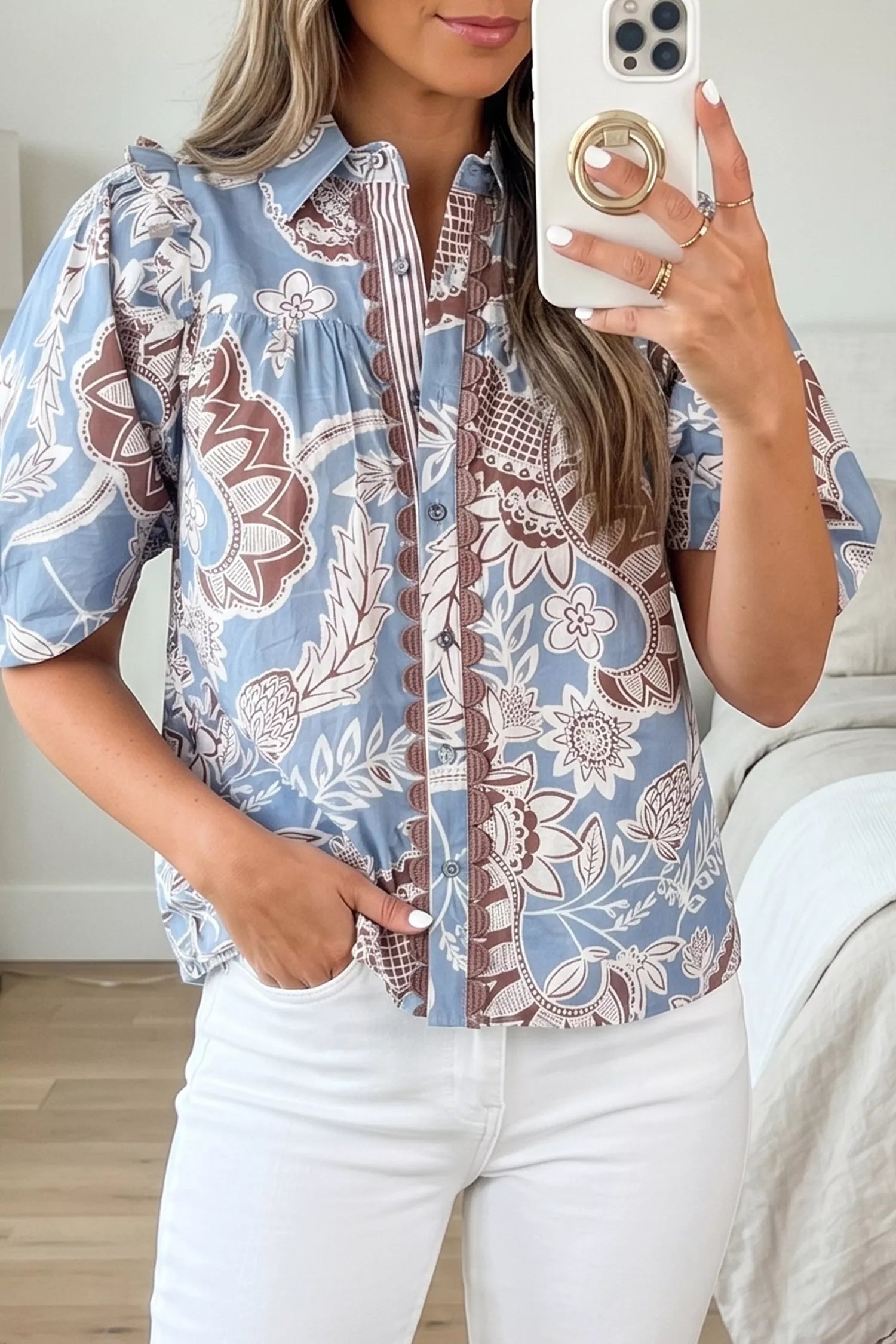 Floral scalloped trim button down shirt front view