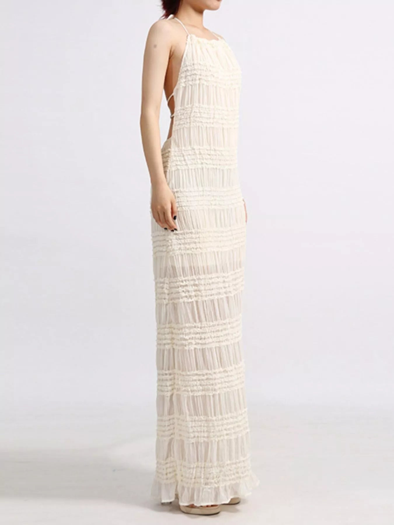 Ruched maxi dress bodice close up