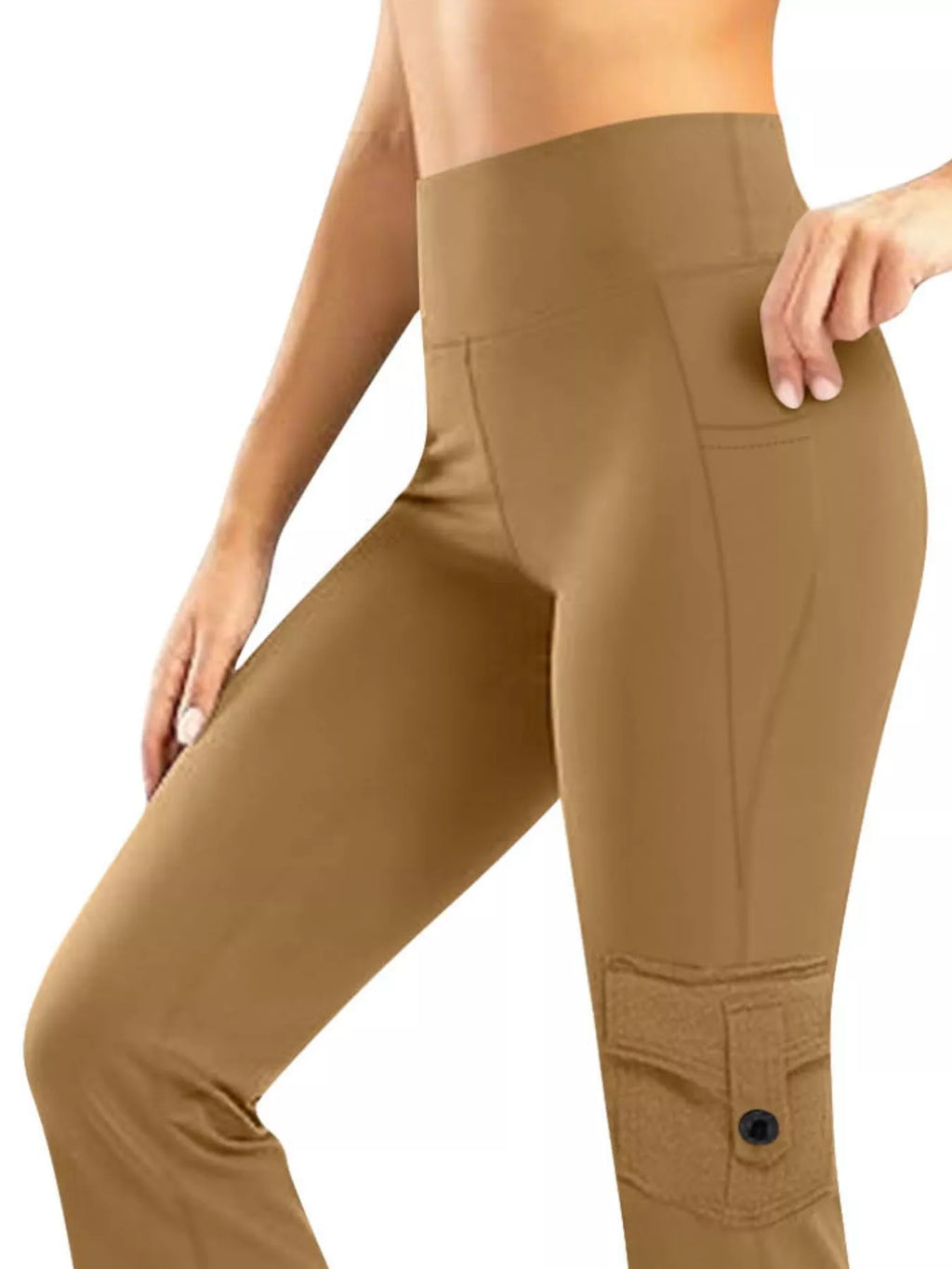 High waisted yoga pants in khaki front view