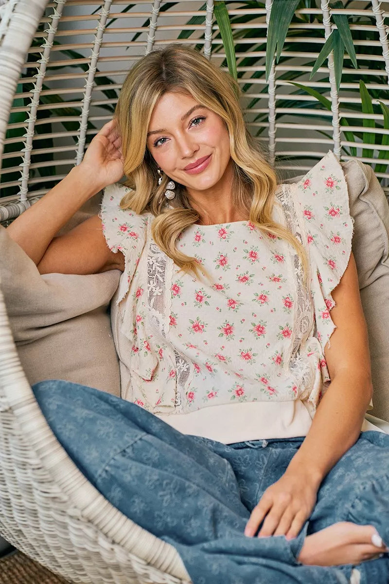 Casual floral ruffle top front angle