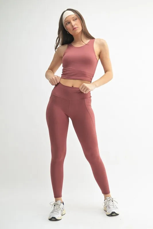 Red pear activewear leggings fabric and waistband detail