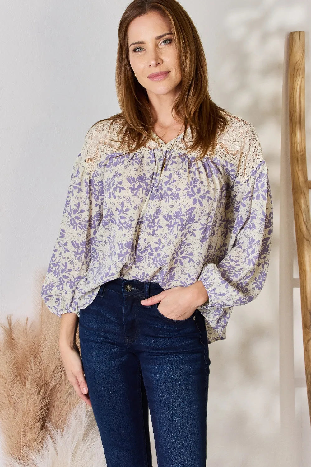 Lace detail printed blouse front view
