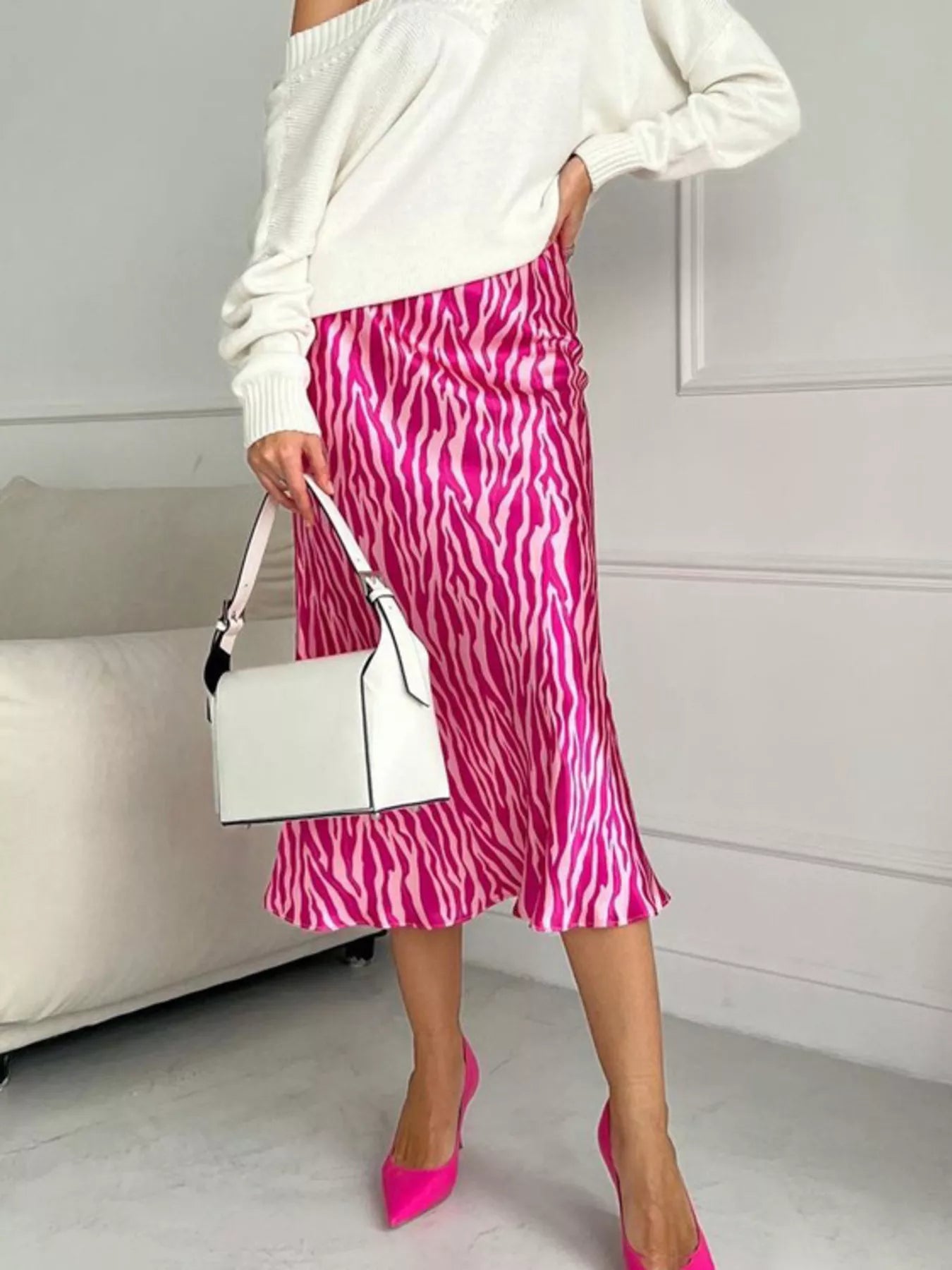 Zebra print satin skirt side view