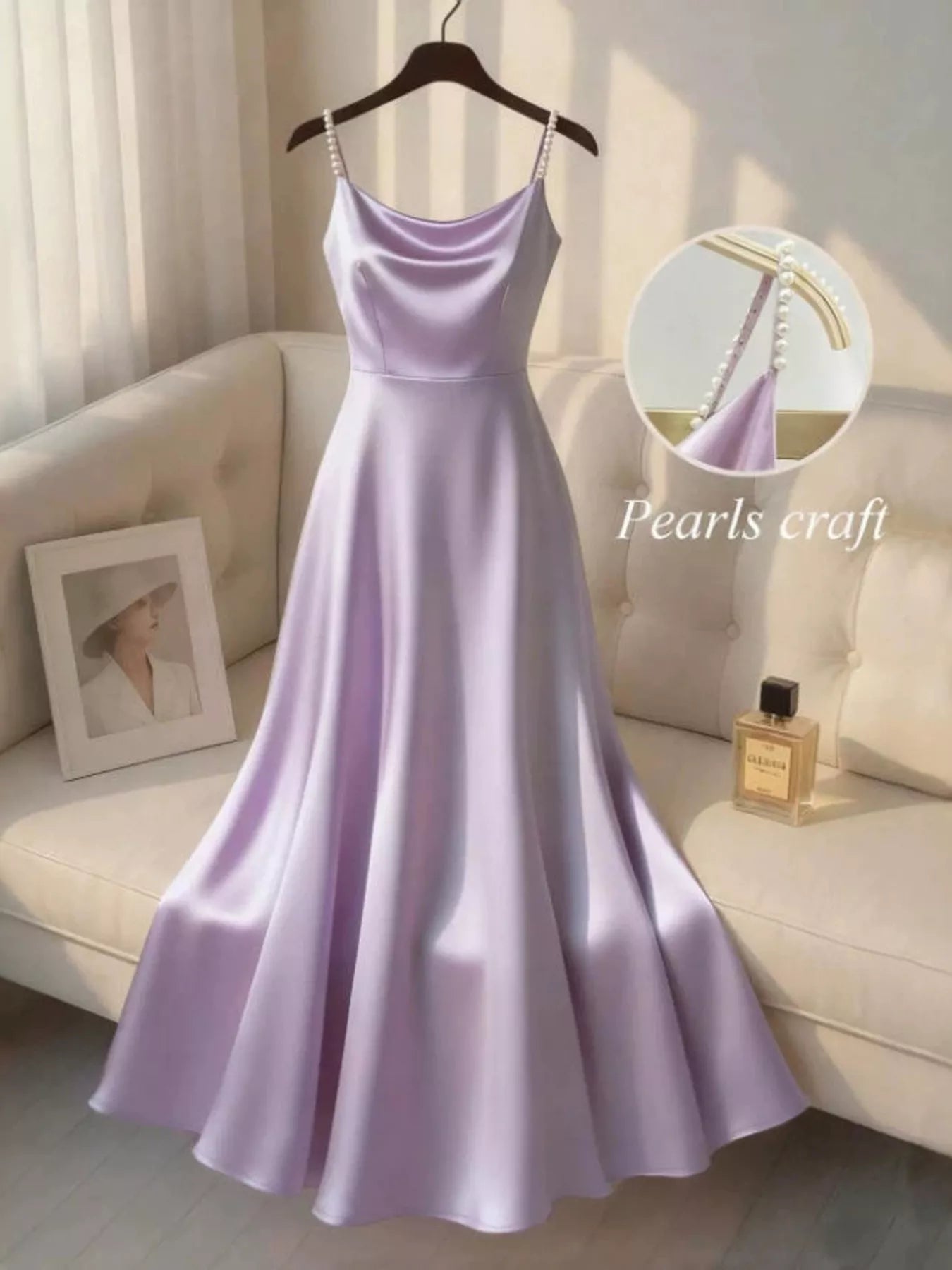 Light purple satin cami dress side view on model