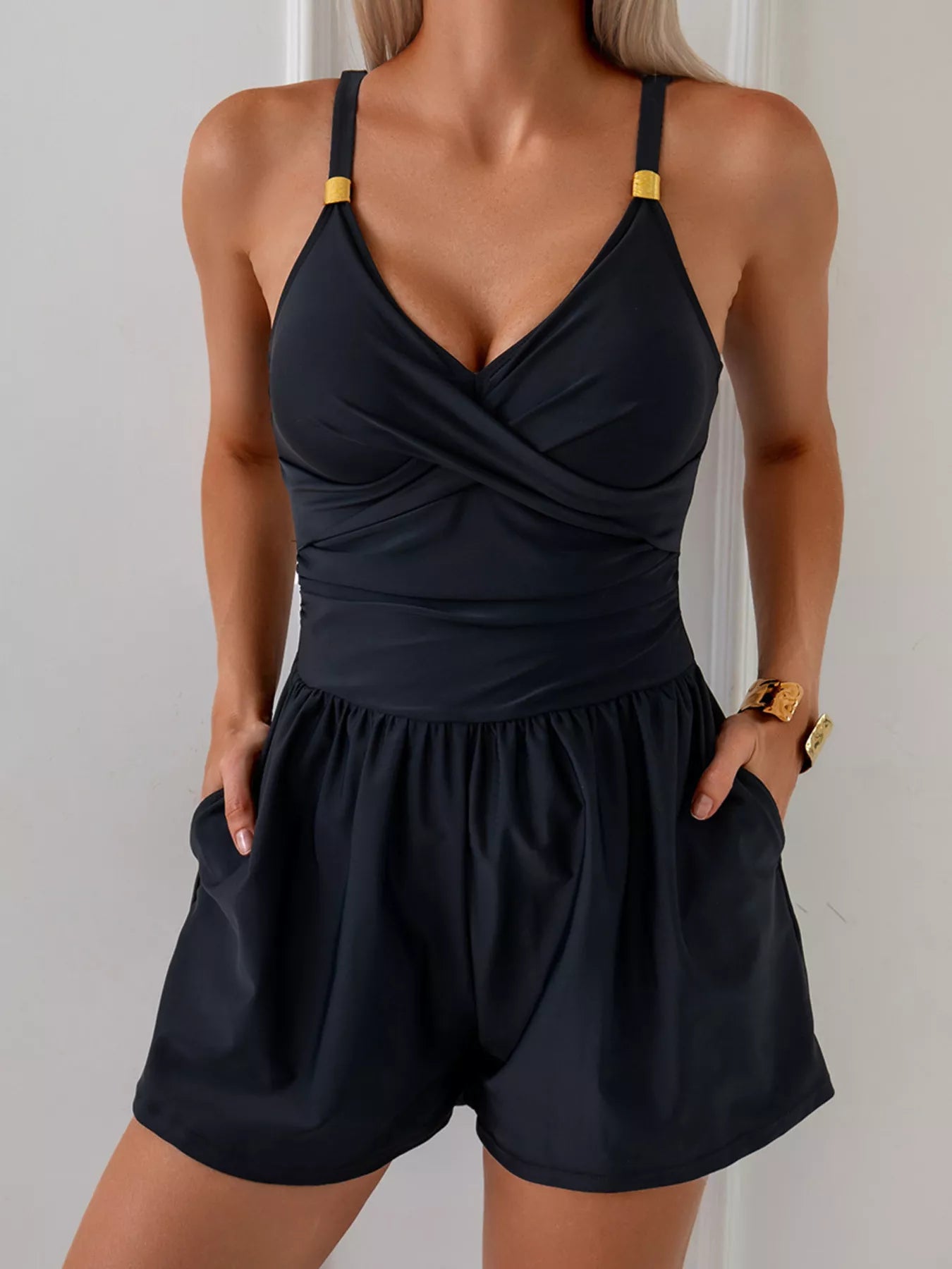 Army green one piece swimsuit on model
